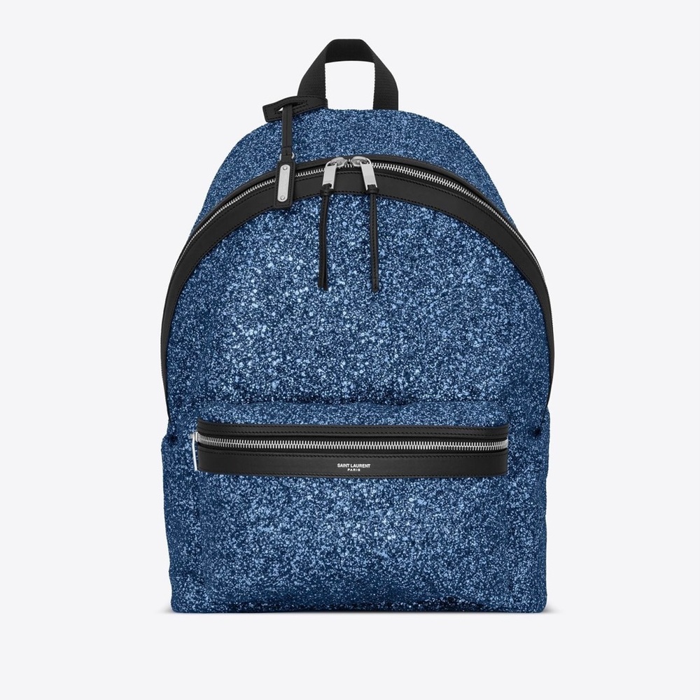 Saint Laurent Logo Sea Navy Glitter City Backpack